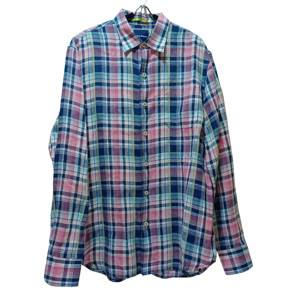 Tommy Bahama Mens M Pastel Plaid 100% Linen Shirt Coastal Resort Preppy Classic
